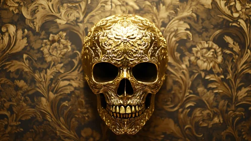 Gilded skull grinning against baroque floral shadowscape.