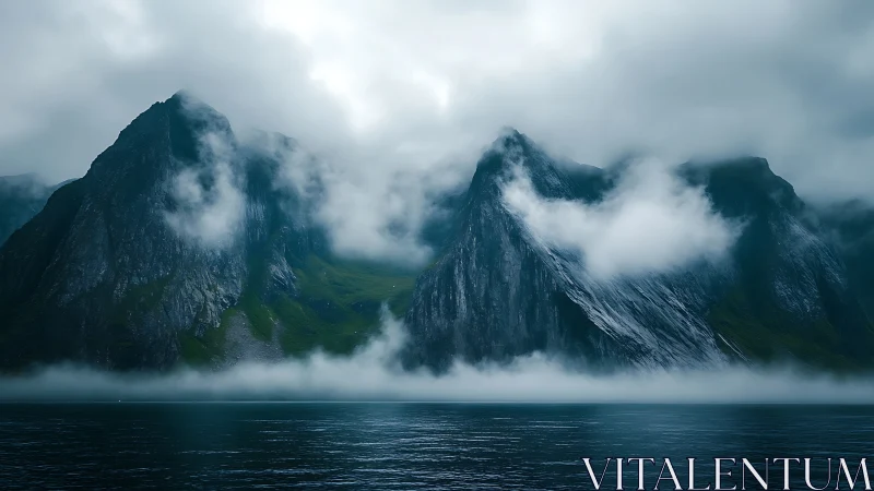 Foggy coastal mountains rise sharply above dark water.