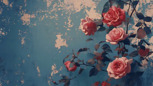 Romantic Roses Dancing on Weathered Blue Canvas.