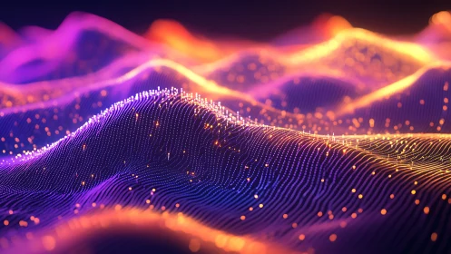 Glowing particle waves form abstract neon digital landscape