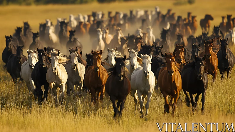 Large mixed-color horse herd runs forward across grassland