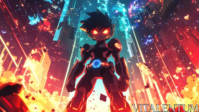 Cybernetic boy stands amid burning neon city canyon