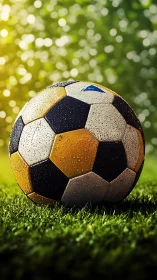 Soccer ball on wet grass with defocused green background.