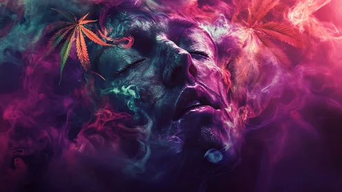 Human face immersed in colored smoke with cannabis leaves
