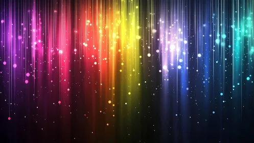 Rainbow light trails cascade through luminous digital space.