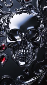 Chromed skull with baroque scrollwork and gem accents rendered.