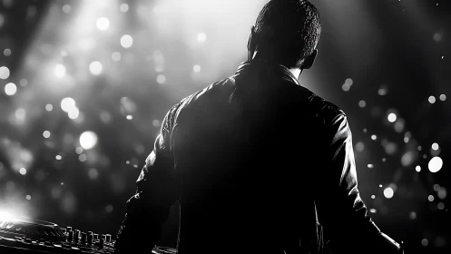 DJ silhouette on stage in monochrome concert lighting.