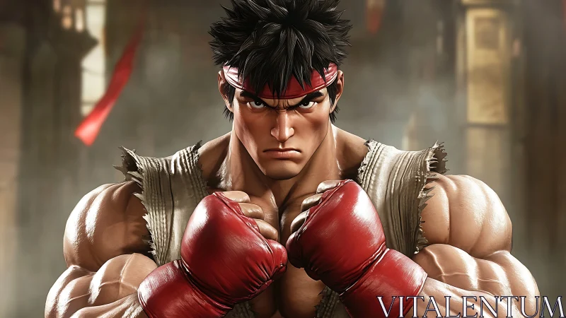 Digital close-up shows muscular fighter in boxing stance