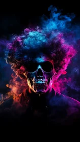 Neon smoke skull portrait with vapor-lit afro silhouette.