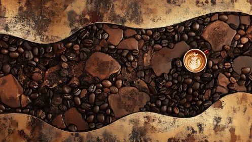 River of roasted coffee stones with lone latte moon cup.