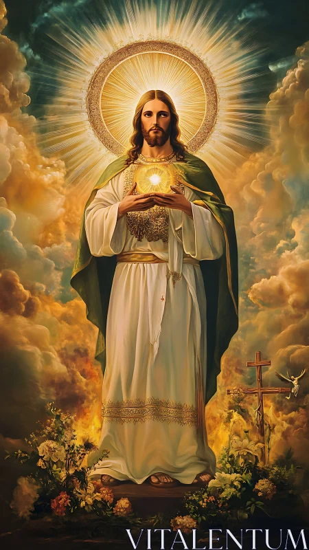 Radiant sacred figure holds glowing heart amid golden clouds