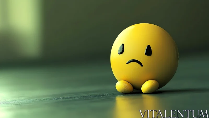 Melancholic 3D emoji sphere sits isolated on blurred floor