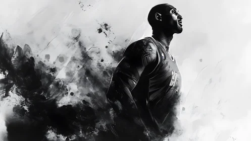 Monochrome digital portrait of basketball player in profile.