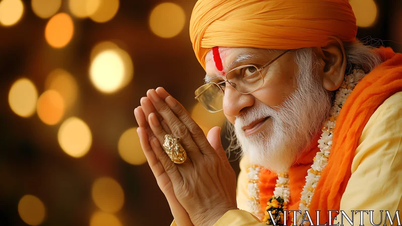 Gentle guru in saffron glow greeting the world in prayer.