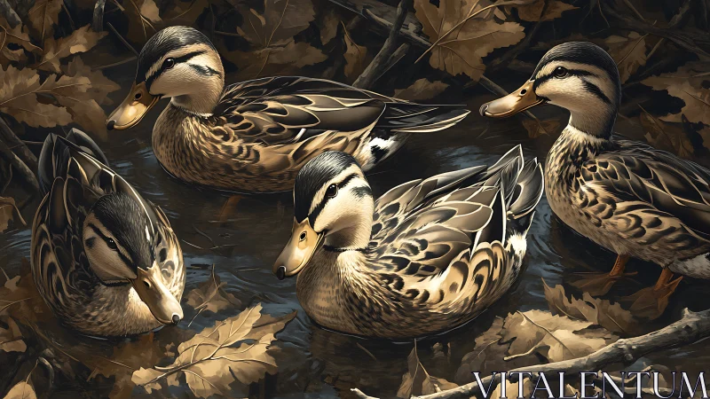 Four mallard ducks drift quietly through autumn leaves
