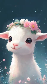 Cute white baby goat portrait with floral crown art