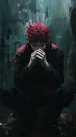 Brooding red-haired anime figure crouches in dim urban room.