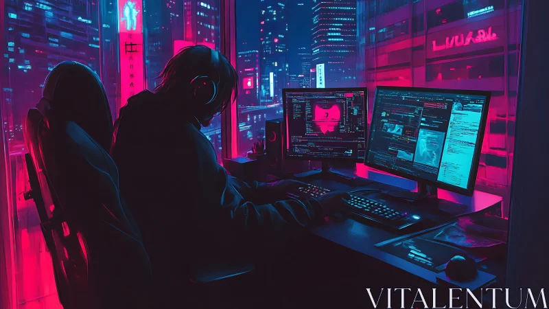 Lone hacker codes at neon city workstation late at night