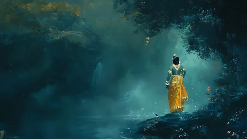 Solitary robed figure near reflective water in dense forest.