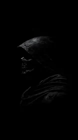 Mysterious hooded wanderer cloaked in deep shadowed calm.