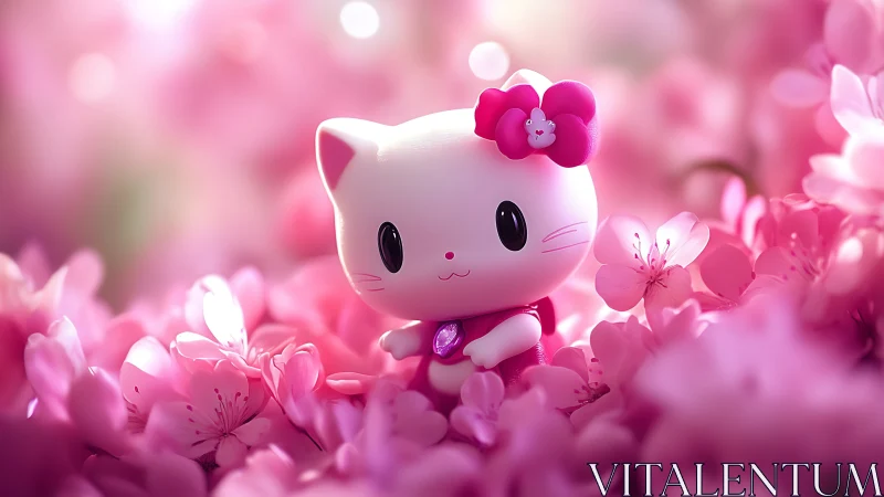 Cute chibi cat relaxes in dreamy pink cherry blossoms.
