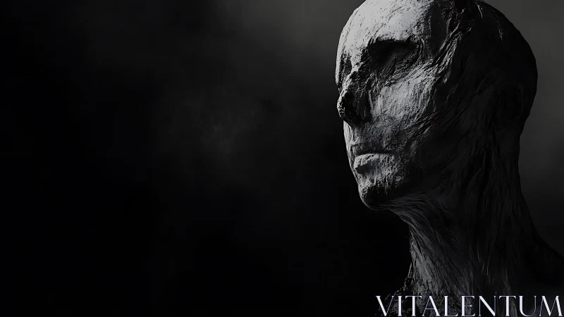 Eroded monochrome bust emerges from void in stark chiaroscuro