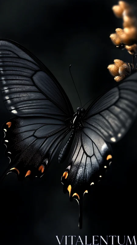 Dark butterfly rests near blurred plant in controlled focus