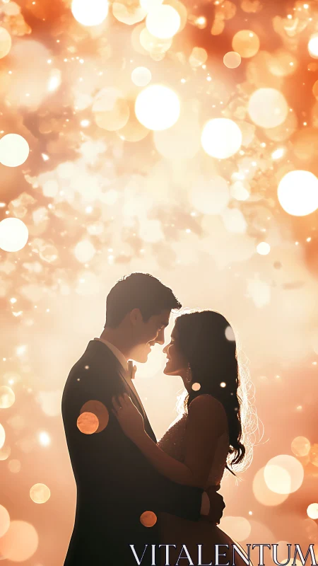 Golden bokeh embrace crowns a softly glowing wedding moment.