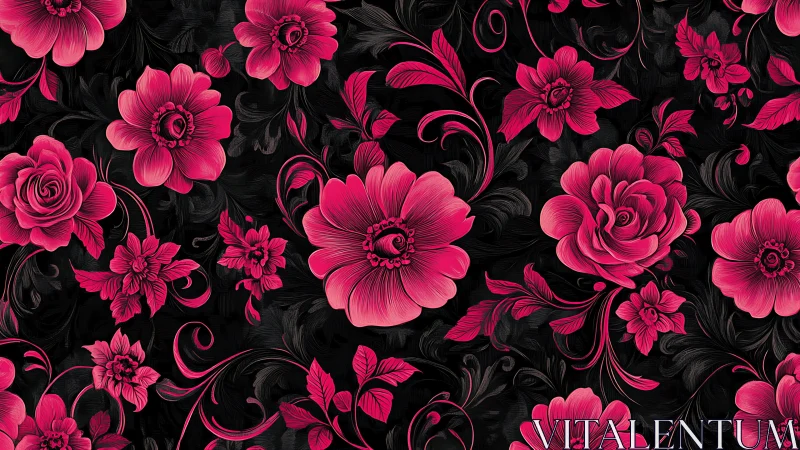 Pink Floral Pattern on Black Background.
