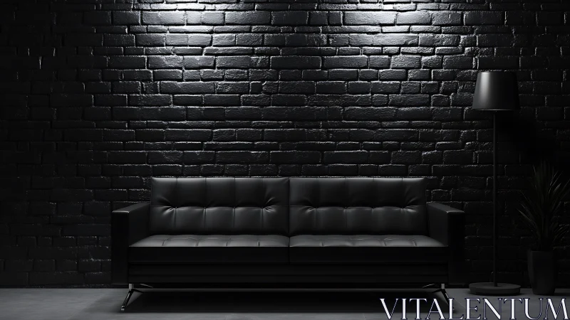 Black leather sofa in moody minimalist loft with brick wall