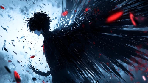 Shadow-winged silhouette with crimson kinetic shards.