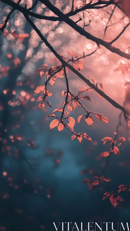 Soft pink leaves glow gently in dreamy forest evening light