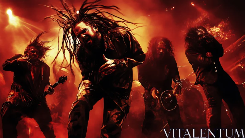 Aggressive metal band under saturated red stage lighting performs