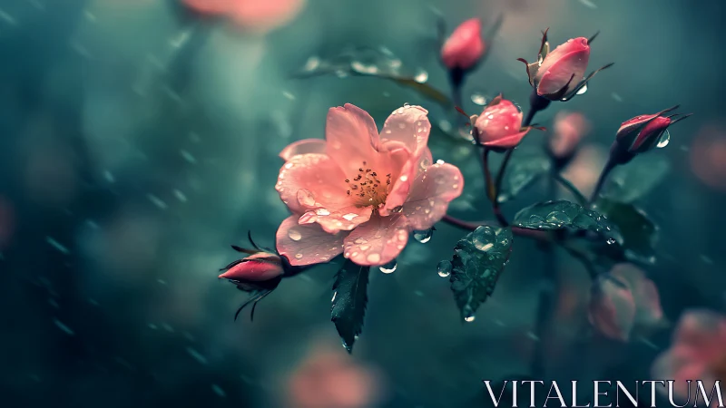 Pink roses with water droplets glistening against moody teal backdrop