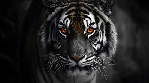 Tiger portrait with luminous amber eyes on dark vignette.