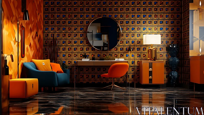 Bold retro living room with orange furniture and patterns.