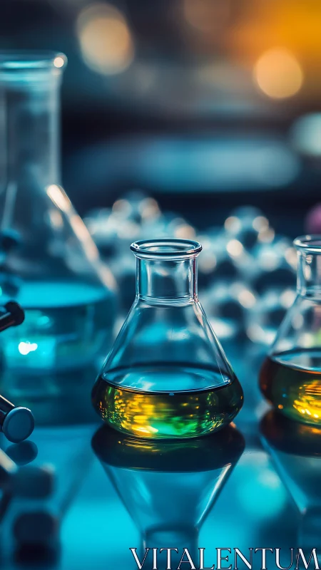Colorful chemical flasks on reflective lab surface at dusk.