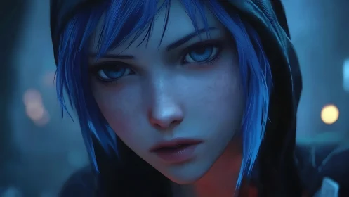 Blue-haired girl gazes intensely through neon-lit shadows.