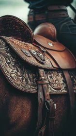 Ornate western saddle whispering stories in burnished leather.
