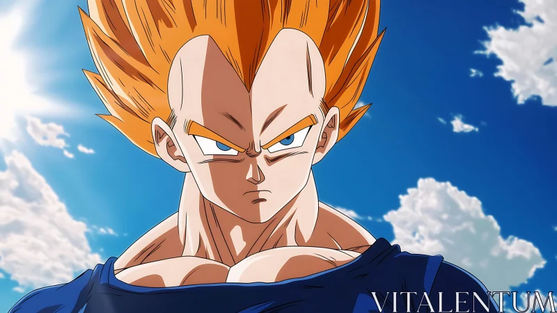 Spiky haired anime warrior stares forward under blue sky