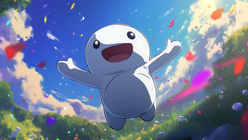 High-energy chibi character levitating amid dynamic confetti field