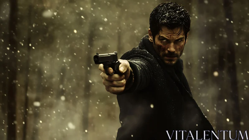 Man holding handgun in snowy outdoor environment.