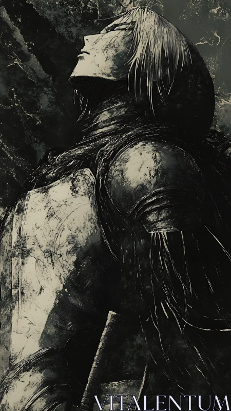 Worn armored warrior looking upward in stark monochrome.