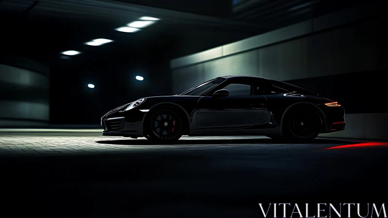 Low-key tunnel profile of black sports coupe under rimlight.