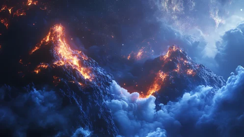 Volcanic Mountains with Lava and Clouds Against Starry Sky