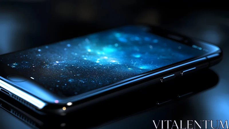 Sleek smartphone with cosmic screen in futuristic lighting.