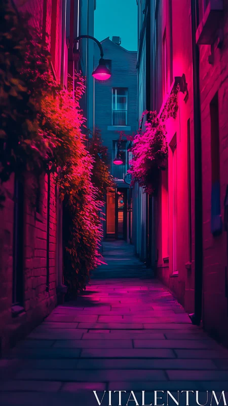 Neon-lit urban alleyway with magenta cyan contrast lighting.