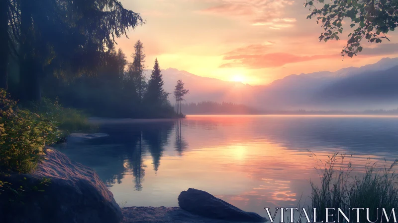 Calm mountain lake at sunrise with soft pastel reflections.