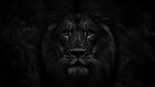 Low key monochrome lion portrait with dramatic contrast.