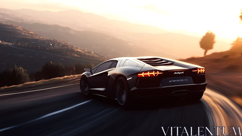 Sleek supercar powers through sunset mountain highway turns.
